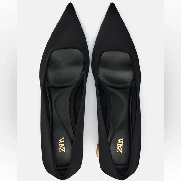 Zara Black Satin Heels With Metallic Gold Block Heel - Picture 4 of 11